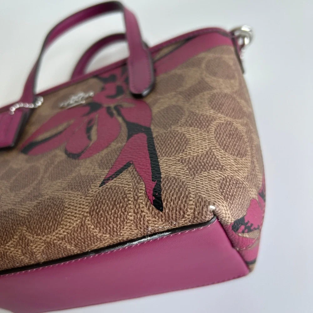 Coach City Mini Tote Brown Pink‎ Bow Signature Canvas Leather Bag Good